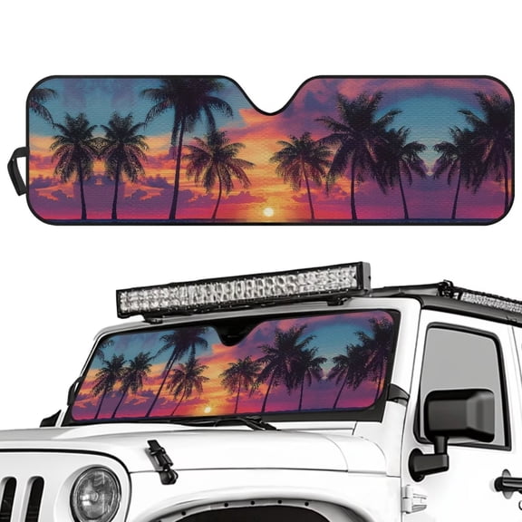 Binienty Palm Tree Sunset Sun Shade Windshield for Jeep Wrangler JL JLU 2018-2024 Rubicon Sahara 2 Door & 4 Door & Gladiator JT Heat Blocking Automotive Interior Sun Protection