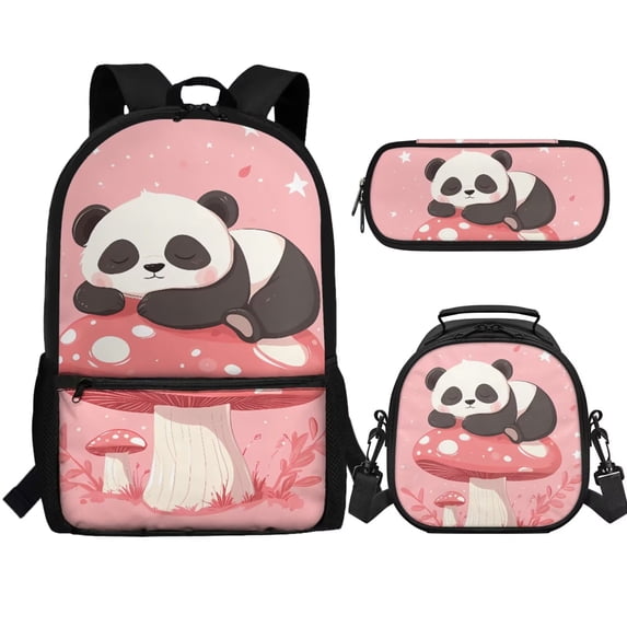 Binienty Panda Mushroom School Backpack for Girls 8-12 Lightweight Girls Bookbag with Lunch Box and Pencil Case 3 In 1 Kids Back to School Gifts