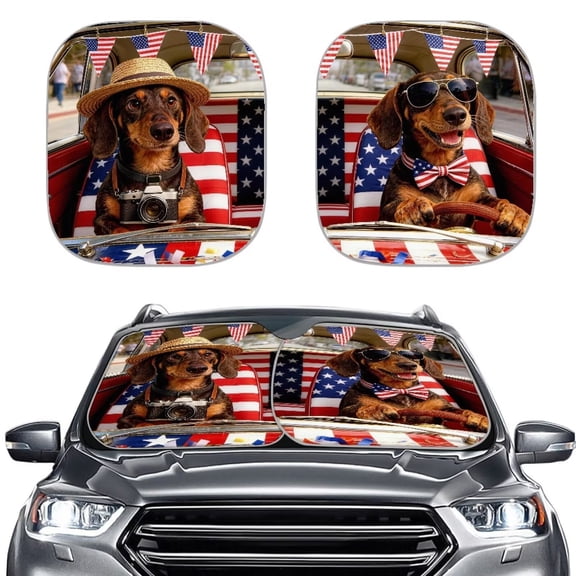Binienty Patriotic Dachshund Windshield Sun Shade Funny Foldable 2 Piece Car Interior Accessories Sun Protection Easy to Install UV Rays Reflector for Most Sedan Truck Van 28.5 x 25.5 inches