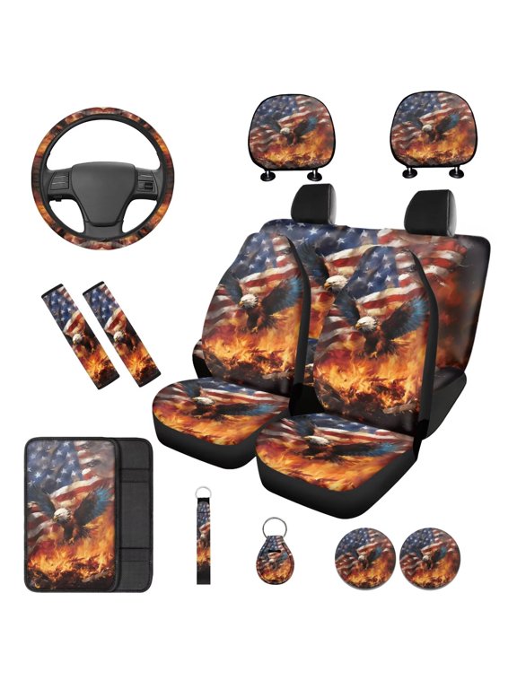 Patriotic Eagle Fire Auto Seat Covers Full Set with Headrest Covers Armrest Cover Seat Belt Pads Coasters Steering Wheel Cover Keychain Automotive Interior Accessories Set 14 Pack