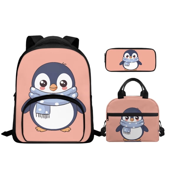 Binienty Penguin Backpack and Lunch Box Pencil Case 3 Piece Kids 12 Inch Backpack for School Girls Toddler Ages 4-8 Cute School Bookbag with Adjustable Straps