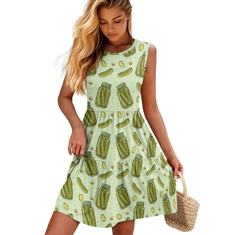 Binienty Pickle Jar Pattern Layered Sleeveless Tiered Tank Dress for Women, a Line Flowy Ruffle Mini Dress with Elastic Waist for Summer Daily Wear and Vacation