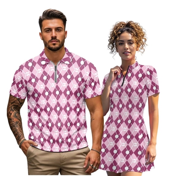 Binienty Pink Argyle Golf Couple Golf Clothing Set Versatile Quick Dry ...
