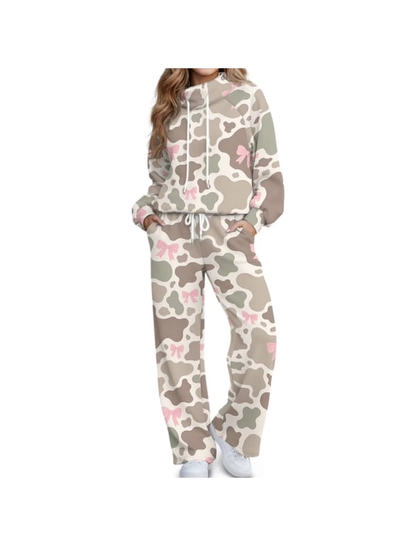 Pink Bow Camo Tracksuits for Women 2 Piece Outfits Set, Fall Mock Neck Long Sleeve Sweatshirt Wide Leg Sweatpant Soft Cozy Loungewear with Pockets