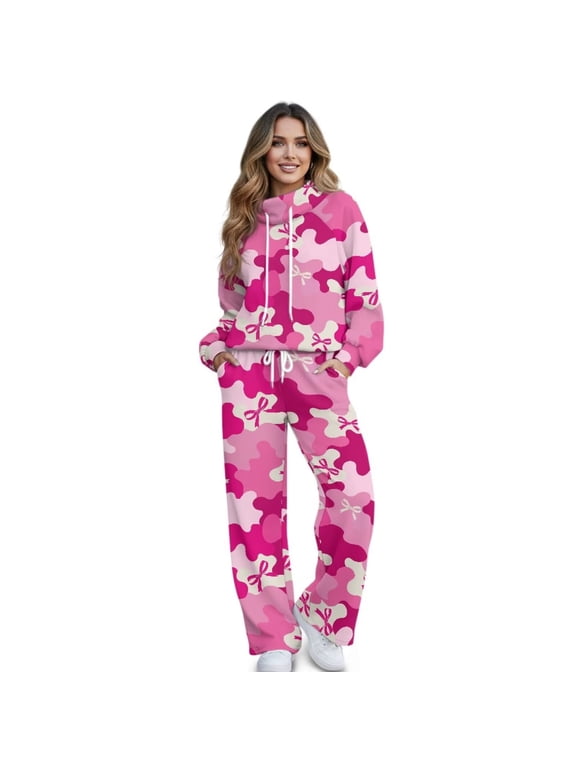 Pink Bow Camo Womens 2 Piece Sweatsuits Sets Fall, Mock Neck Long Sleeve Sweatshirt Wide Leg Sweatpants Outfits Soft Casual Loungewear Tracksuit with Pockets
