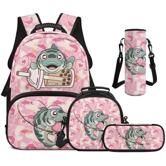 Binienty Pink Camo Bass Fish 4 Piece Kids Backpack Lunchbox Combo For Grade Students Boys Large Capacity Book Bag Insulated Lunch Bag Cute Pencil Pouch Kids Back To School Gifts