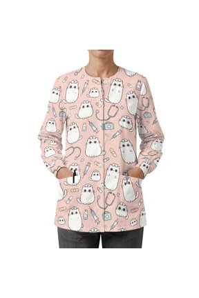 Pink Cat Print Womens Long Sleeve Medical Scrub Jacket With Pockets Soft Wrinkle Resistant Fabric, Relaxed Fit, for Hospital, Clinic, Veterinary Office Wear