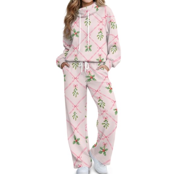 Binienty Pink Christmas Print Women's 2 Piece Sweatsuits, Mock Neck Sweatshirt Wide Leg Pants Sets, Holiday Mistletoe Holly Bow Loungewear Tracksuit for Fall Winter