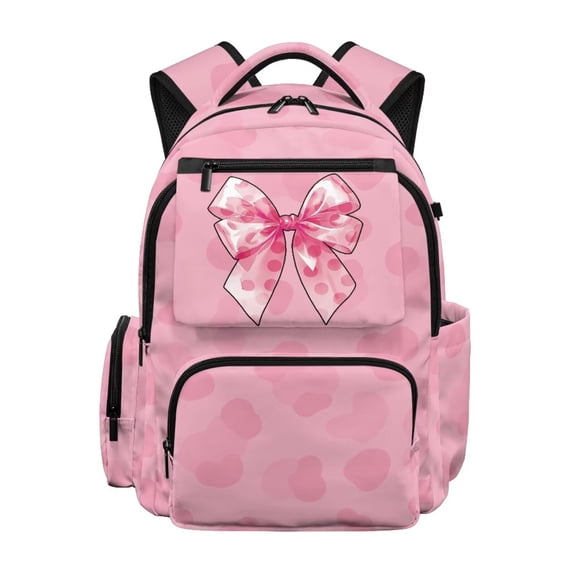 Binienty Pink Cow Print Bow School Backpack for Girls Primary School 17 Inch Large Capacity Bookbag with Side Pockets School Bag Children Back to School Gifts