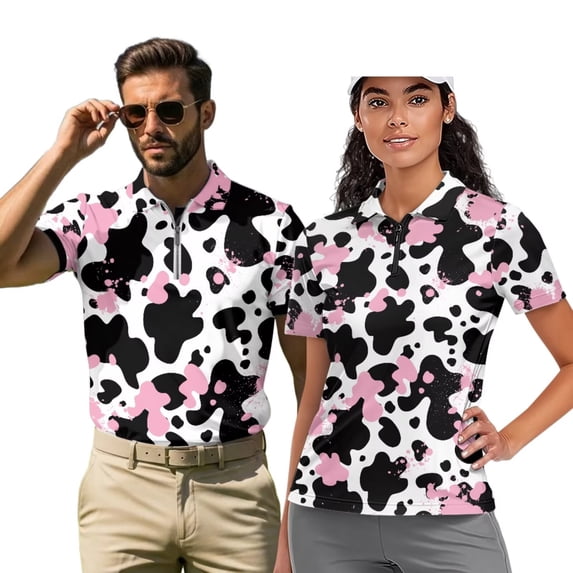 Binienty Pink Cow Print Matching Golf Shirts for Couples Classic Fit Zipper Neck Shirts Couples Matching Outfits Casual Short Sleeve Athletic Tops for Golf Running Sports