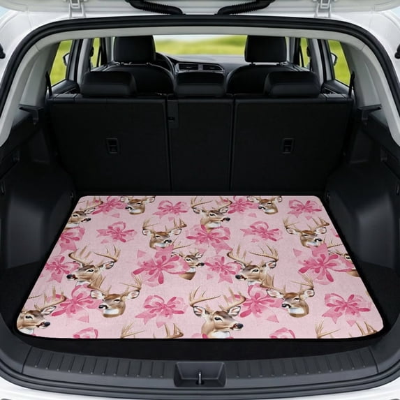 Binienty Pink Deer Bow Print Universal Fit Car Trunk Mat, Non-Slip Backing Scratch Resistant Rear Cargo Liner, Stylish Vehicle Interior Accessory for Sedan SUV 29" x 39