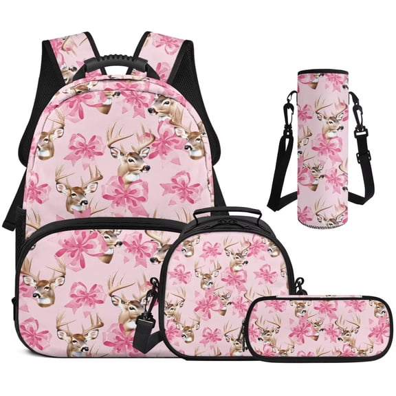 Binienty Pink Deer Floral Bow Kids Backpack Set For Grade Students Girls 4-In-1 Large Capacity School Backpack Lunch Box Pencil Case Back To School Gifts For Kids