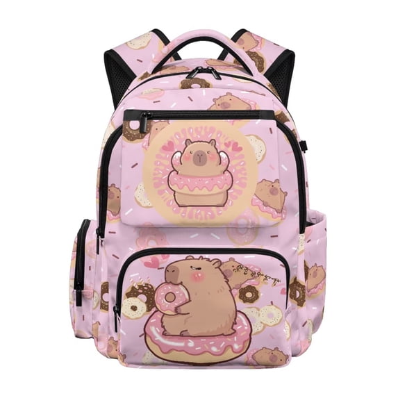 Binienty Pink Donut Capybara School Backpack for Boys Middle School Heavy Duty Lightweight Bookbag with Side Pockets Kids Rucksack Daypack Children School Supplies