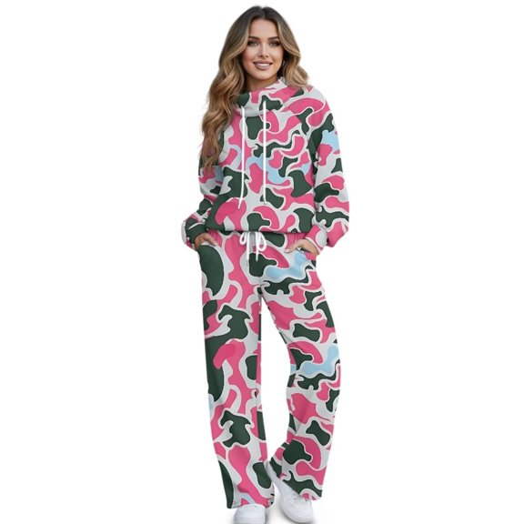 Binienty Pink Green Camo Women's 2 Piece Loungewear Sets Mock Neck Pullover Sweatshirt Drawstring Wide Leg Sweatpants with Pockets Casual Fall Tracksuit Matching Outfits