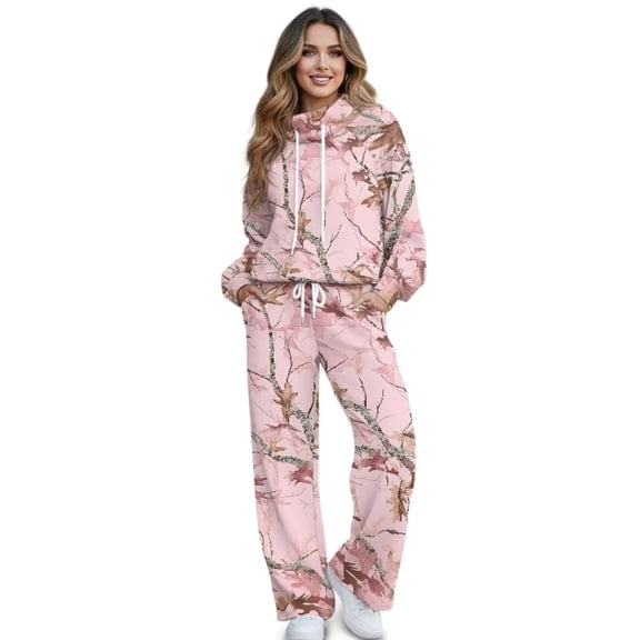 Binienty Pink Hunting Camo 2 Piece Tracksuits for Women, Mock Neck Drawstring Sweatshirt Wide Leg Sweatpants with Pockets Fall Casual Loungewear Matching Outfit Set