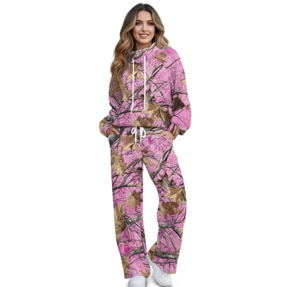 Binienty Pink Hunting Camo Women's Sweatsuits 2 Piece Fall Outfits, Mock Neck Sweatshirt Wide Leg Sweatpants with Pockets Casual Outdoor Jogging Lounge Set
