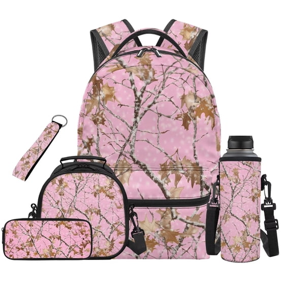 Binienty Pink Hunting Camouflage Bookbag With Lunch Box Set For 5th Grade Girls Zippered Schoolbag With Kids Lunch Bag Pencil Case Water Bottle Holder Keychain 5 Piece For Travel School