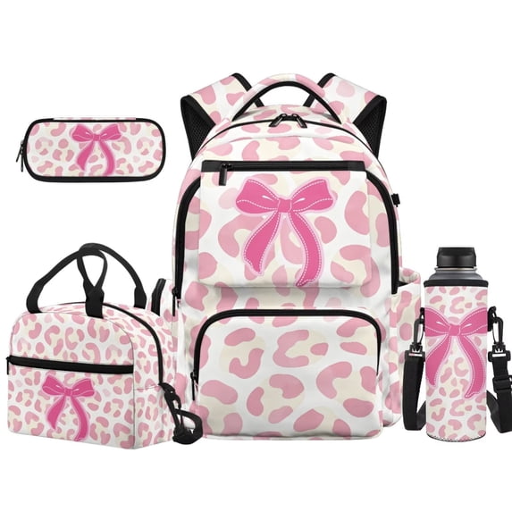 Binienty Pink Leopard Bow Bookbag And Lunch Box Set For Elementary School Girls Waterproof Zippered Schoolbag Lunchbox Stationery Pencil Pouch Kids Back To School Gifts