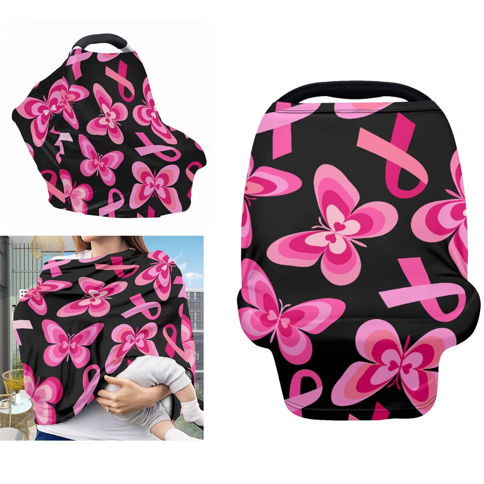 Binienty Pink Ribbon Butterfly Car Seat Covers for Babies, Nursing