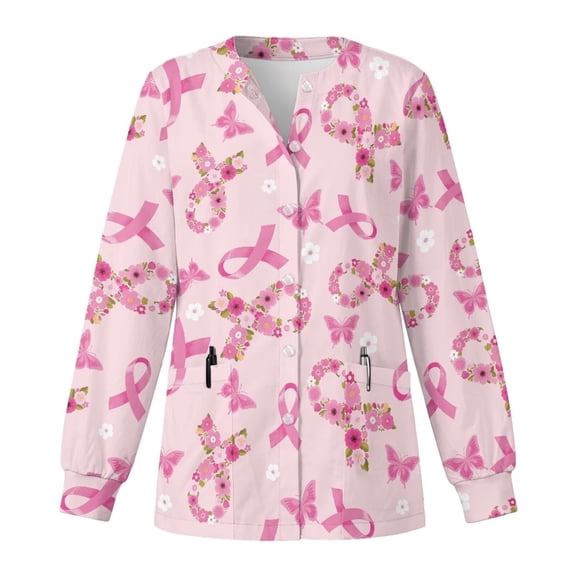Binienty Pink Ribbon Print Women's Lightweight Medical Scrub Jacket Breast Cancer Awareness Nursing Scrub Tops, Breathable Soft Fabric, Long Sleeve, Button Front, for Nurse, Hospital Work