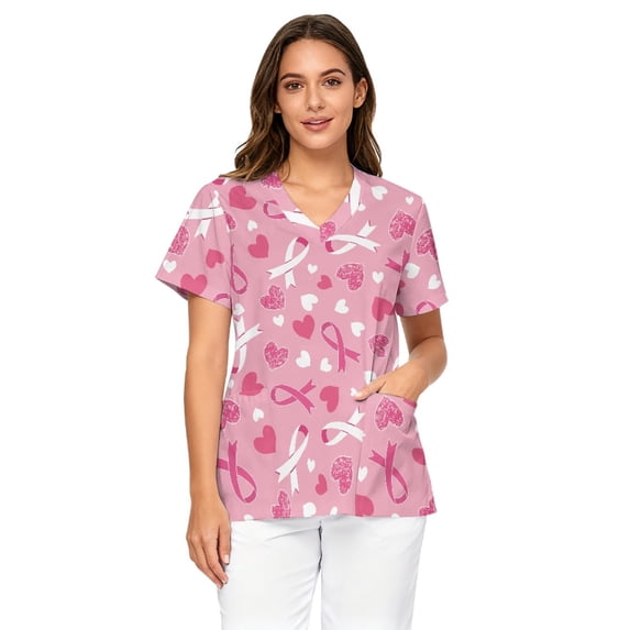 Binienty Pink Ribbon Scrub Tops Short Sleeve Breathable, Healthcare Uniform with Two Front Pockets for Women Healthcare Workers