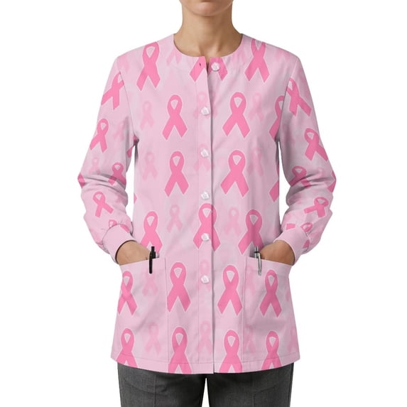 Binienty Pink Ribbon Women's Stretch Fabric Scrub Jackets Moisture-Wicking Breast Cancer Awareness Nurse Costume, Snap Front Medical Uniforms & Scrubs, for Clinic Pediatric Nurses Medical Students
