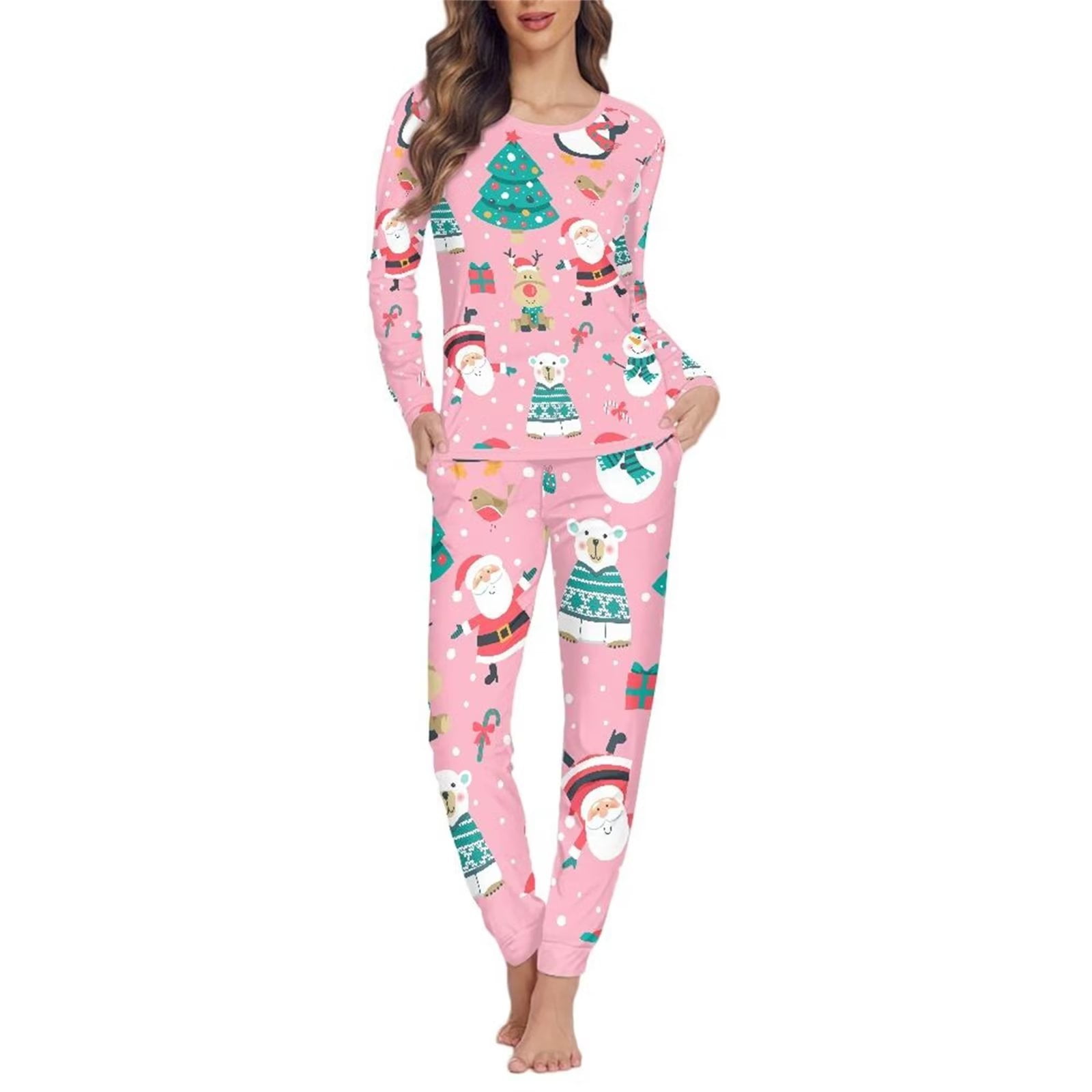Binienty Pink Santa Claus Snowman Pajamas for Women Set Long Pants