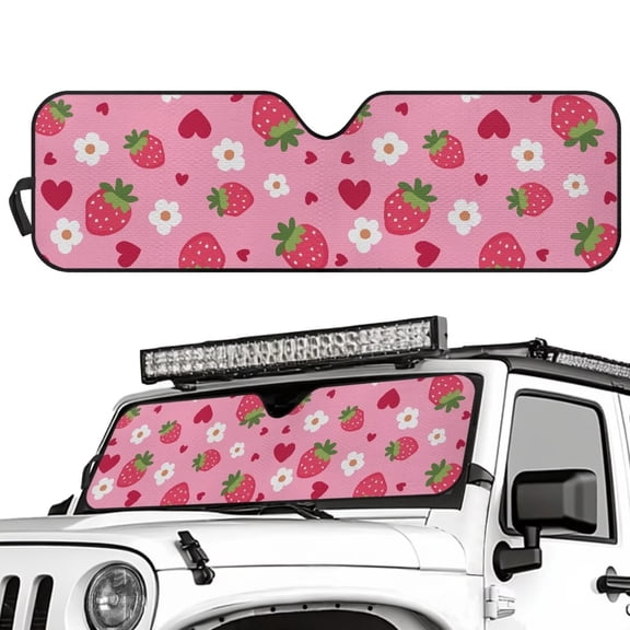 Binienty Pink Strawberry Car Sun Shade Windshield for Jeep Gladiator JT 2020-2025 Front Window Sun Shade Foldable Auto Interior Protector UV Blocking Keep Vehicle Cool