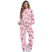 Binienty Pink Stripe Bow Womens 2 Piece Tracksuits Sets, Mock Neck Long Sleeve Sweatshirt Wide Leg Pants Cozy Loungewear Matching Outfits for Fall Daily Wear