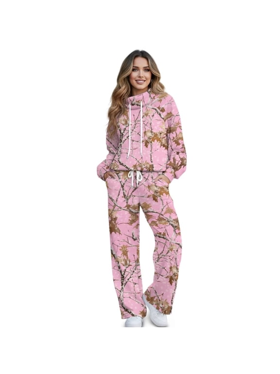 Pink Tree Camo 2 Piece Outfits for Women Fall Tracksuit Sets, Mock Neck Sweatshirt Wide Leg Sweatpants with Pockets Cozy Loungewear Jogging Suit