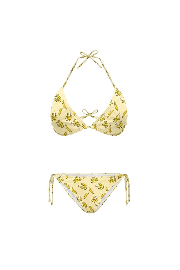 Polyester Spandex Banana Pattern Swimwear, Plus Size Design Comfortable Halter Bikini Set for Party Beach