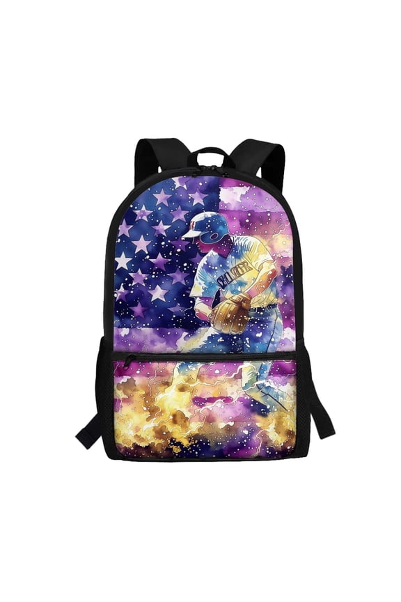Purple Baseball Print 17 Inch School Backpack with Front Compartment Side Mesh Pockets Water Resistant Lightweight Bookbag for Middle School Students Daily Use
