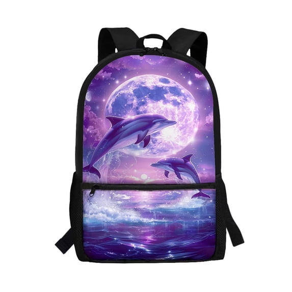 Binienty Purple Dolphin Moon Pattern Kids School Backpack 17 Inch Large ...
