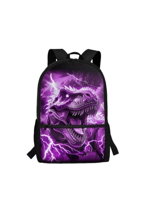 Purple Lightning Dinosaur Backpack for Kids Elementary School Students Bookbag with Padded Shoulder Straps 17 Inch Large Capacity Front Compartment Back to School Gifts