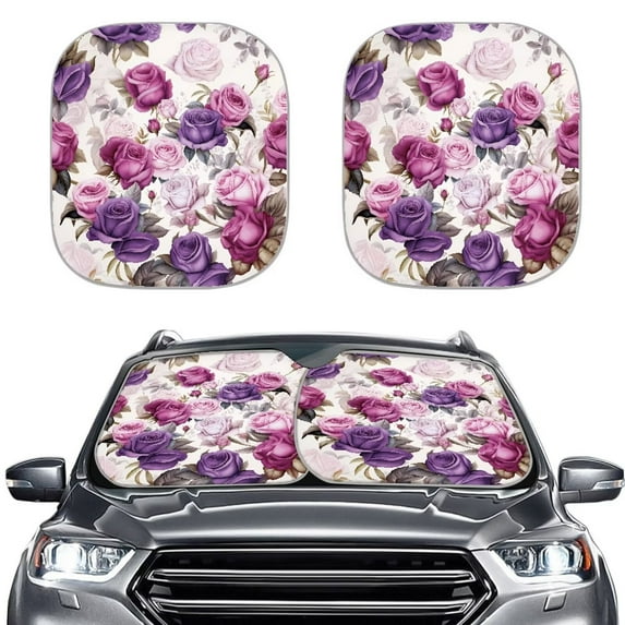 Binienty Purple Rose Car Front Windshield Sun Shade 2 PCS Sun Shade for UV Protection Foldable Front Window Cover Sun Visor Protector Accessories for Car Truck SUV
