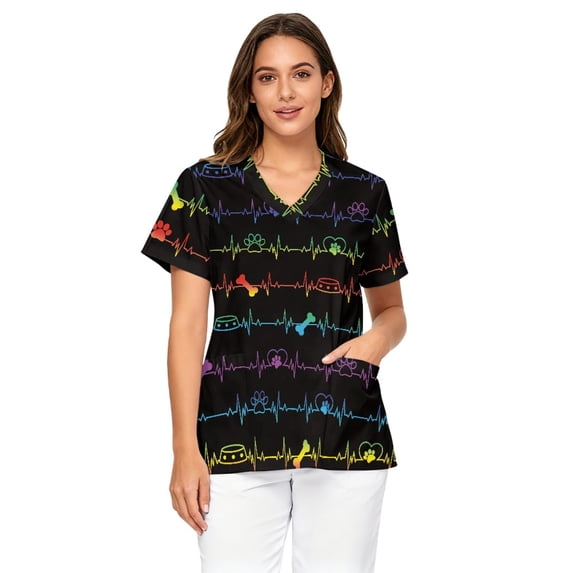 Binienty Rainbow Heartbeat Paw Print Working Scrubs for Healthcare Workers Breathable Stretchy Classic Shirts with Pockets Nursing Shirt for Professionals