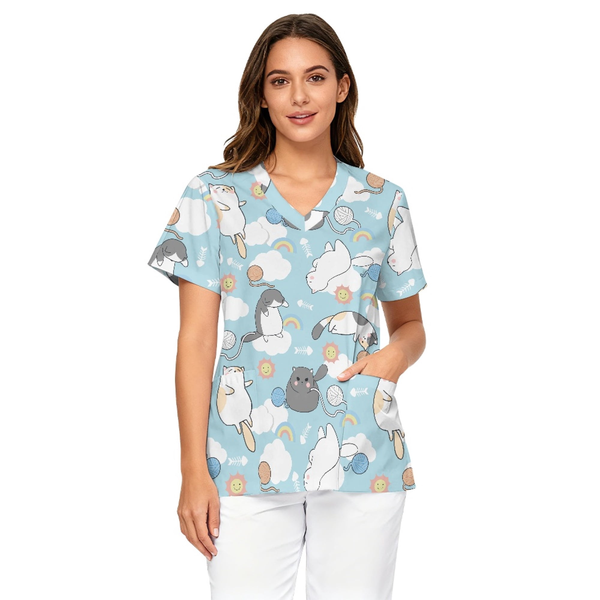 Binienty Rainbow and Cat Patterns Medical Scrubs for Women Short Sleeve ...