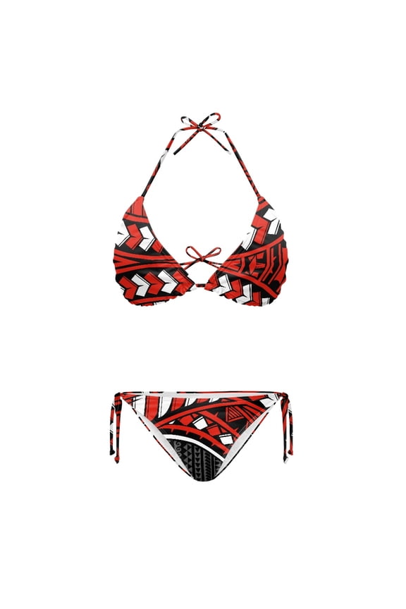 Red Black Geometric Pattern Bathing Suit, Elastic String Bikini Swimsuit, Polyester Spandex Drawstring Bikini Set Plus Size Design