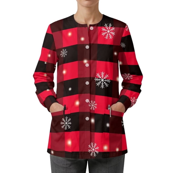 Binienty Red Plaid Snowflake Women's Long Sleeve Warm Scrub Jacket Crew Neck Button Front Medical Work Outerwear With Pockets Soft Wrinkle Resistant Nurse Uniform for Hospital