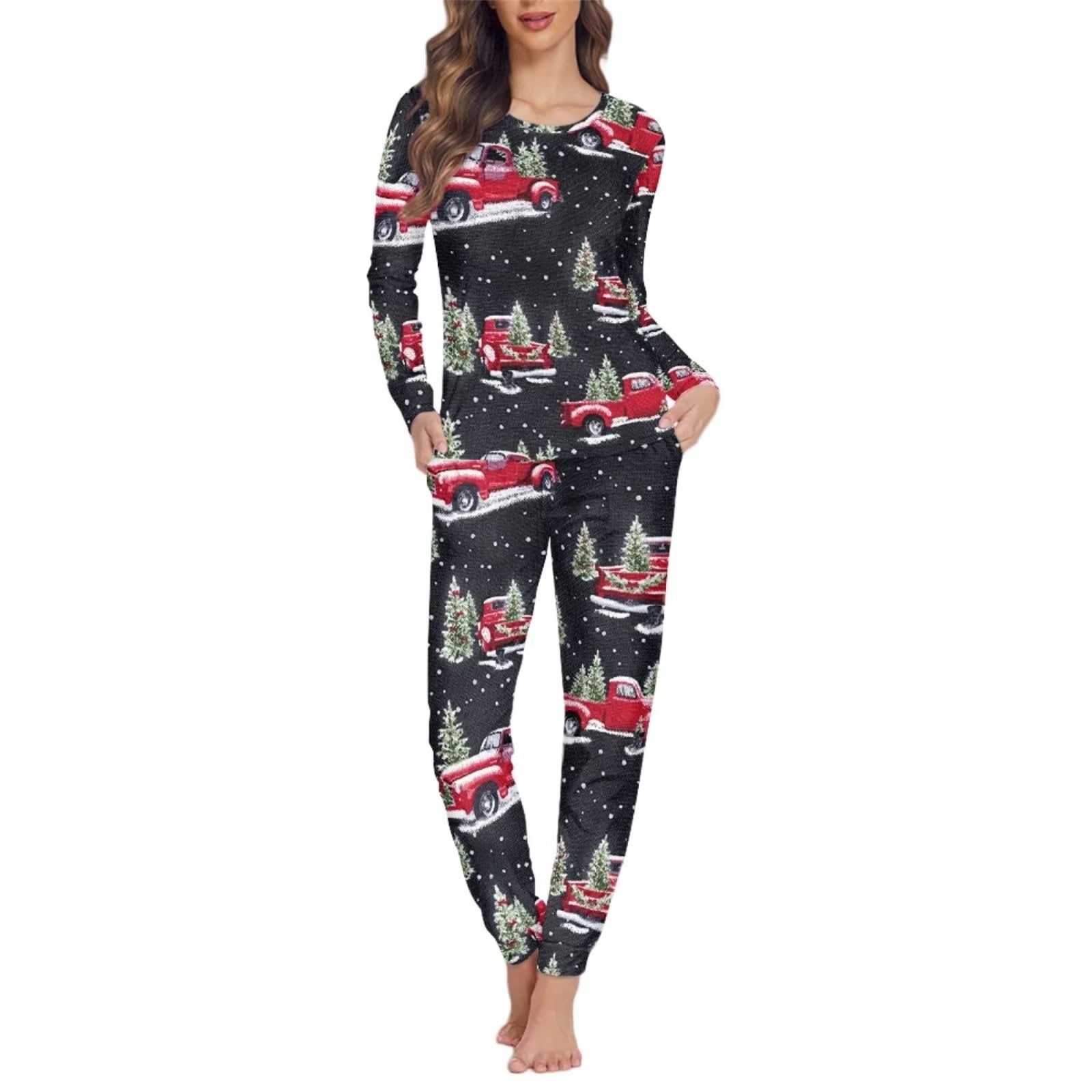 Binienty Red Truck Xmas Tree Pj Set for Women Long Pants Christmas
