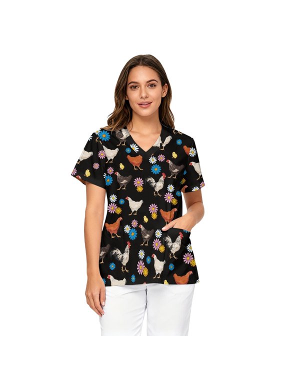 Rooster and Daisy Pattern Healthcare Workwear for Women Stretchy Breathable Comfortable Shirts with Pockets Scrub Tops for Clinic