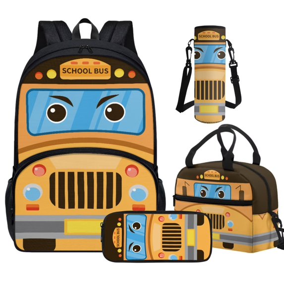 Binienty School Bus Bookbag for Girls with Lunch Bag and Pencil Case Water Bottle Sleeve 4 Pack Elementary School Girls Backpack 3rd Grade Kids Bookbag 17 Inch for Travel Hiking Camping