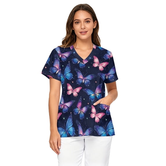 Binienty Scrub Top for Women's Short Sleeve with Galaxy Butterfly Print, V Neck Nurse Uniform with Pockets, Comfortable Medical Apparel for Healthcare Work