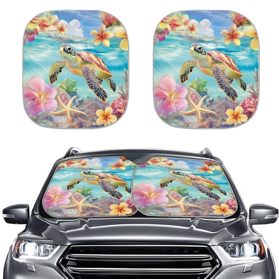 Binienty Sea Turtle Car Front Windshield Sun Shade Visor Easy Fold Tropical Hibiscus Floral Car Window Sunshades 2-Piece Windshield Sun Blocker Shade Universal for Most Vehicle Sedans SUV Truck