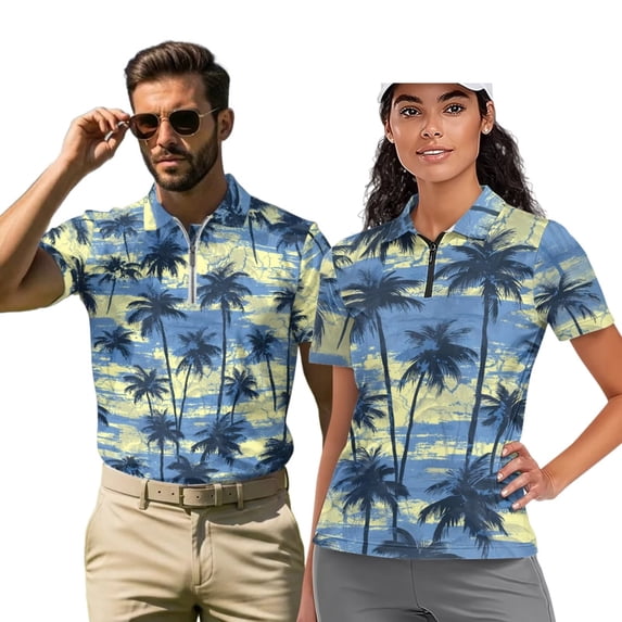 Binienty Seaside Palm Tree His and Hers Matching Outfits Versatile Classic Fit Men Women Funny Couple Golf Shirts Comfortable Quarter Zip Pullover for Workout Sports