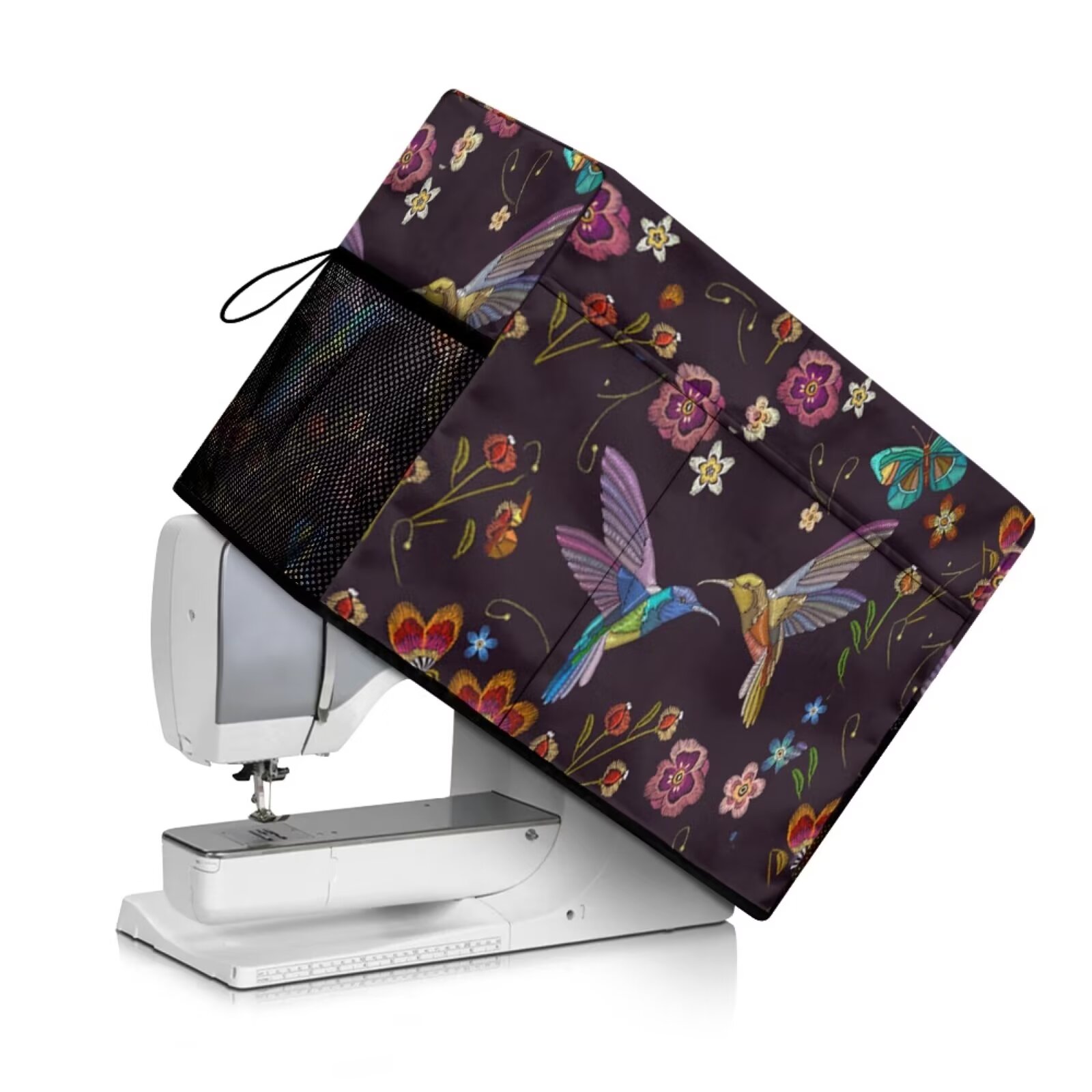 Binienty Sewing Machine Cover with Pockets Hummingbird Retro Flowers