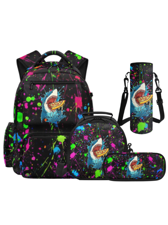 Shark Pizza Kids Backpack Set 4 Pcs with Bookbag Lunch Box Tote Stationery Organizer Cup Protector Compatible with Trips Back to School