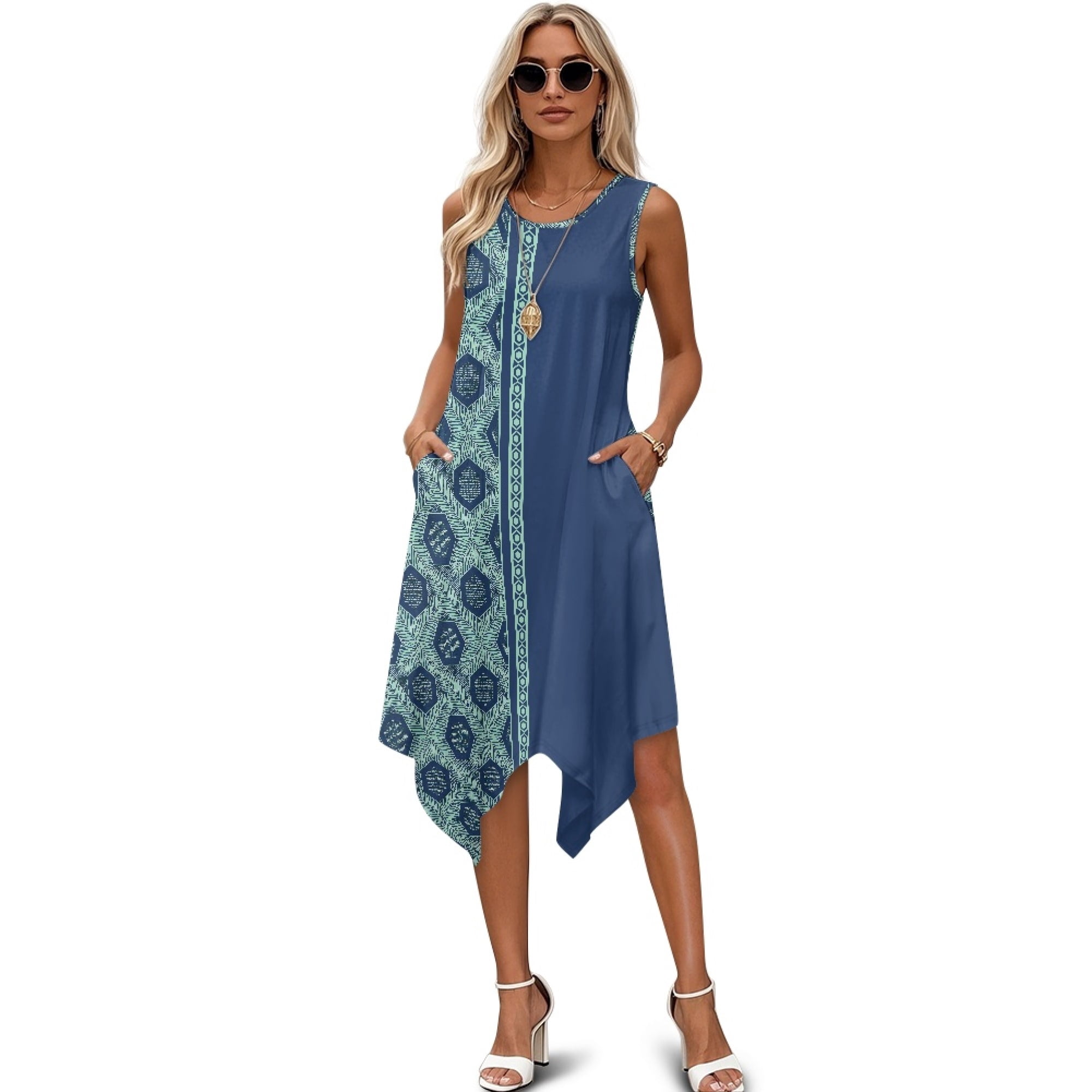 asymmetrical neck geometric midi dress Binienty Side Pockets Ladies Irregular Hem Casual Dress, Blue Geometric Sleeveless Sundress Polyester with Pocket Summer Asymmetric Midi Dress Round