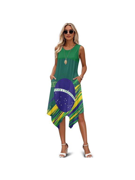 Side Pockets Ladies Irregular Hem Casual Dress, Brazil Flag Sleeveless Midi Dress Polyester with Pocket Summer Round Neck Asymmetric