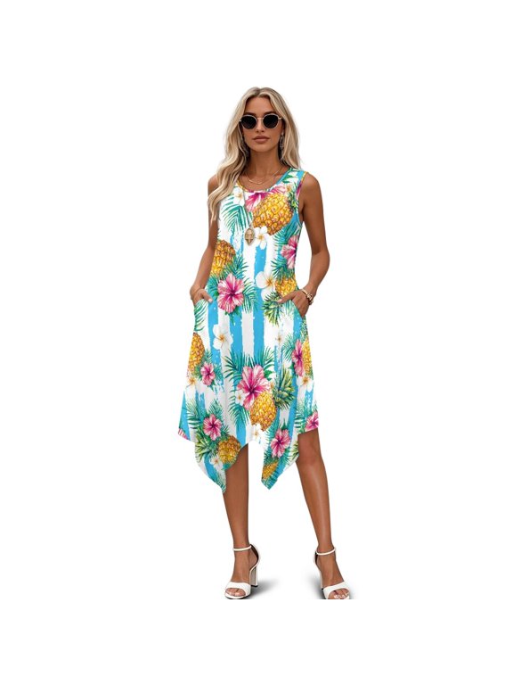 Side Pockets Ladies Irregular Hem Casual Dress, Tropical Pineapple Sleeveless Sundress Polyester with Pocket Summer Asymmetric Midi Dress Round Neck